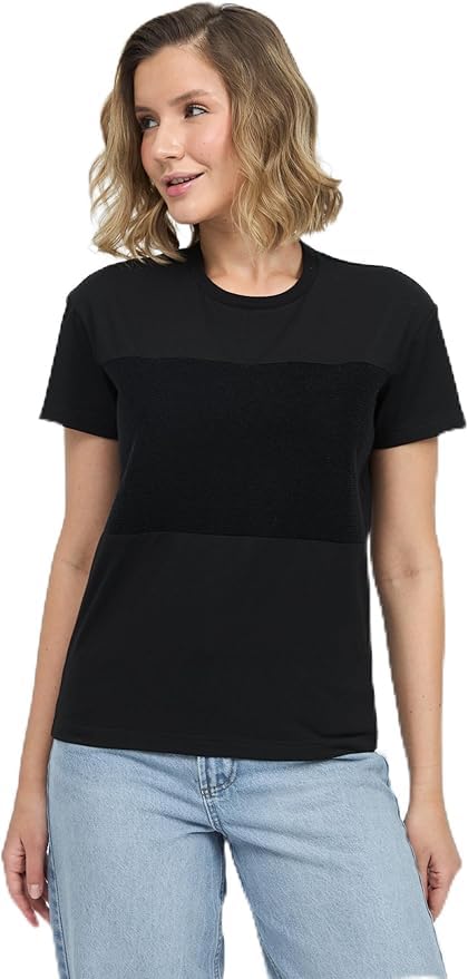 Women’s Customizable Black T-Shirt with Patches Area, X-Large, Regular Fit, Boat Neck, Soft Cotton-Lycra Blend for Personalization