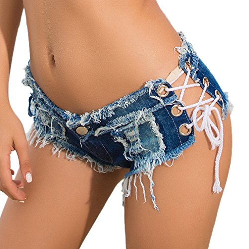 Soojun Women's Low Rise Lace Up Cheeky Mini Denim Shorts Clubwear, Medium, 2 Blue - Thumbnail 4