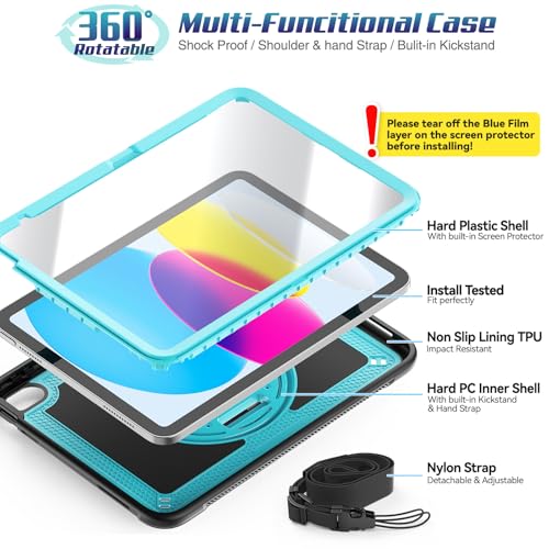 SEYMAC stock Case for iPad (A16) 11th/10th Generation 2025/2022 (11/10.9 Inch), Frosting-Anti-Slip Shockproof Case with Screen Protector, 360° Rotating Hand Strap/Stand, Pencil Holder, Skyblue/Black - Image 4