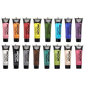 Moon Creations Body & Face Paint Tubes | Set of 16 | 12ml | Ready to Use, No Flake, Cruelty Free, Made in UK | Face Paint for Kids, Adults, Fancy Dress, Festivals, Halloween & More