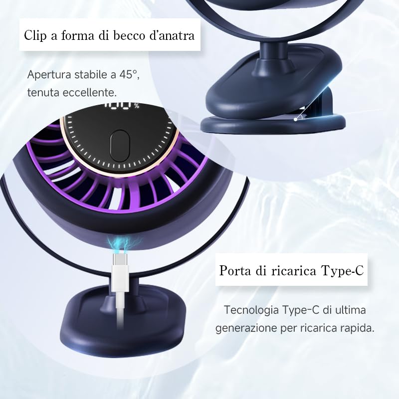 Mini ventilatore con clip 2025 – 4000 mAh, motore brushless, 12h autonomia, 6 velocità, silenzioso, LED, USB-C, rotazione 360°, timer, compatto e portatile per scrivania, campeggio,Rosa