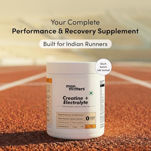 Image of Man Matters Creatine Electrolytes Powder 175g | 3g Creatine Monohydrate with Sodium, Potassium, Magnesium | I Improves Muscle Strength, Hydration & Recovery | 0 Added Sugar & 0 Calories | Orange