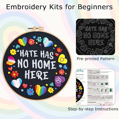 Image of Nuberlic Embroidery Kit for Beginners - LGBT Love Pattern Adults Starter Cross Stitch Kit DIY Needlepoint with Hoop, Pre-Printed Fabric, Threads & Step-by-Step Guide