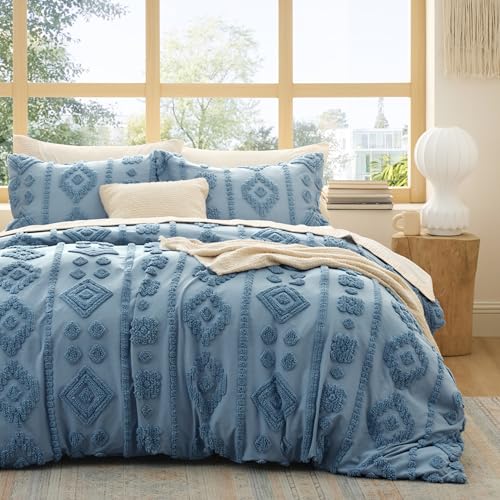 Bedsure Boho Duvet Cover King - Dusty Blue Tufted Boho