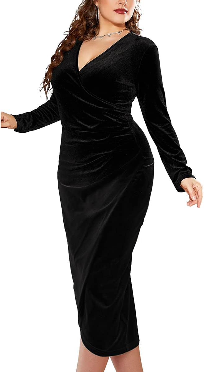 TINSTREE Womens Plus Size Long Sleeve Velvet Bodycon Dresses Sexy Ruched Wrap Deep V Neck Party Cocktail Dress - Image 2
