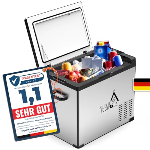 PLUG IN FESTIVALS - elektrische Kühlbox - Kompressor Gefrierbox bis -20 Grad - Kühlbox Auto - Camping Kühlschrank - Powerstation zum Kühlen - 12V 230V - 50 Liter
