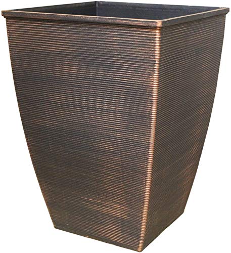 Muddy Hands 46.6 Litre Tall Square Planter Plant Pot with Drainage Holes Large Copper Effect Ribbed Plastic Flower Pot for Outdoor Garden Patio Plants Trees Shrubs