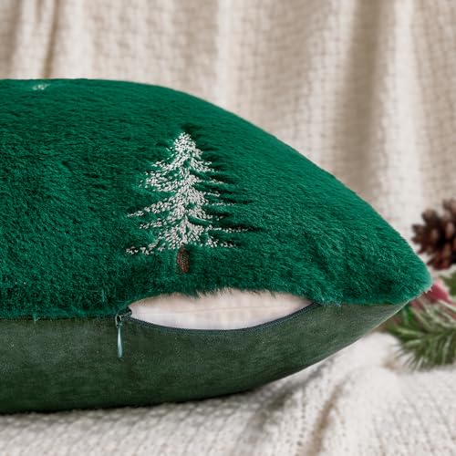 Image of MIULEE Christmas Decorative Pillow Covers Set of 2 Faux Fur Throw Pillows with Embroidered Christmas Tree 18x18 Inch Green White Winter Couch Covers for Festival Sofa Bedroom Living Room Home Decor