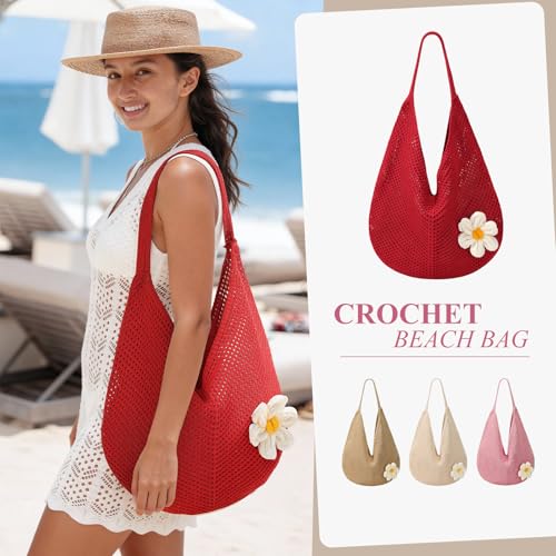 Image of Premillow Crochet Beach Bags for Women, Summer Beach Tote Bag, Mesh Cute Beach Purse, Aesthetic Knit Bag Handbag Shoulder Bag