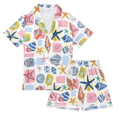 ALAZA Colorful Holiday Starfish Coral Reef Pajamas Satin Pajama Set Short Sleeve Button Down Sleepwear
