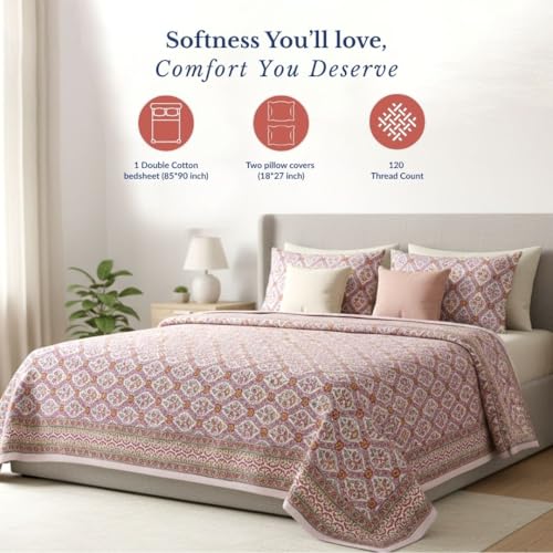 Image of Jaipur Weaves Jaipuri Double Bed Cotton Bedsheet Queen Size 90x85, 120 TC 100% Pure Cotton Bed Sheet with 2 Pillow Covers, Floral Traditional Print (Pink Jaal, Double)