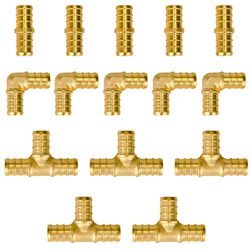 Image of SUNGATOR 15-Pack 1 /2 Inch PEX Fittings Kit, 5 Each Elbow Tee Coupling | Brass, Crimp Pipe Fitting for PEX Tubing