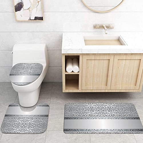 3 teiliges Badematten Set rutschfest U-FöRmige Duschvorleger,Silber, Barock-Damast, Rundungen, Rokoko-Stil, Motive… – Bild 3