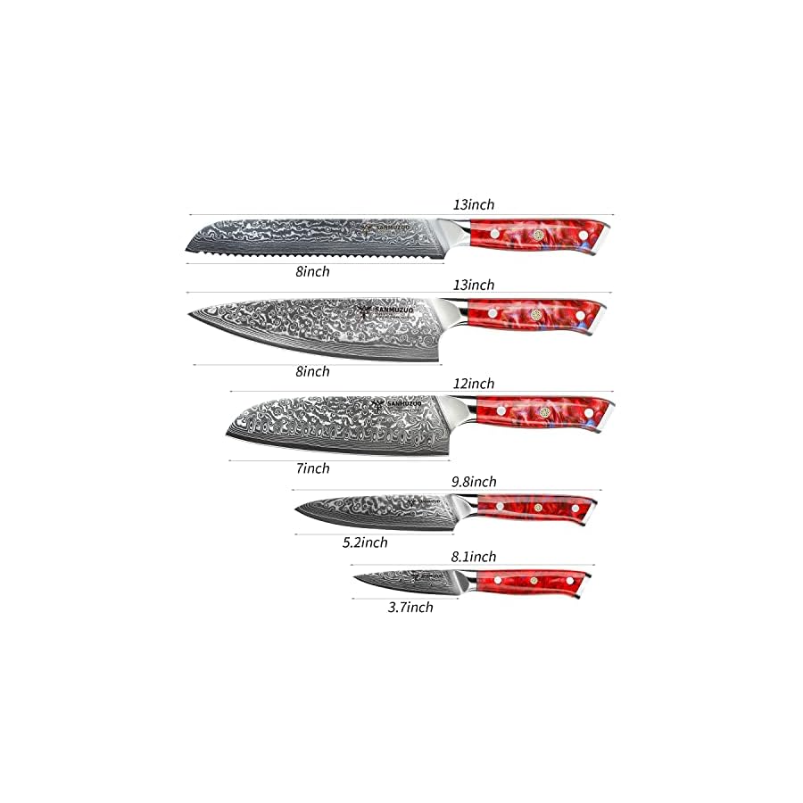 SANMUZUO-Chef-Cooking-Knives-Set-Kitchen-Knife-Set-of-5-Piece-Ultra-Sharp-VG10-Damascus-Steel-Resin-Handle-Xuan-Series-Sunset-Red SANMUZUO Chef Cooking Knives Set- Kitchen Knife Set of 5 Piece - Ultra-Sharp VG10 Damascus Steel & Resin Handle - Xuan Series (Sunset Red)