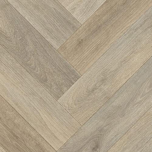 Vintage Herringbone Parquet Style Magic Vinyl Flooring Realistic 2.8mm Slip Resistant Foam Backed Lino (Dusky Beige Herringbone, 5m x 3m)