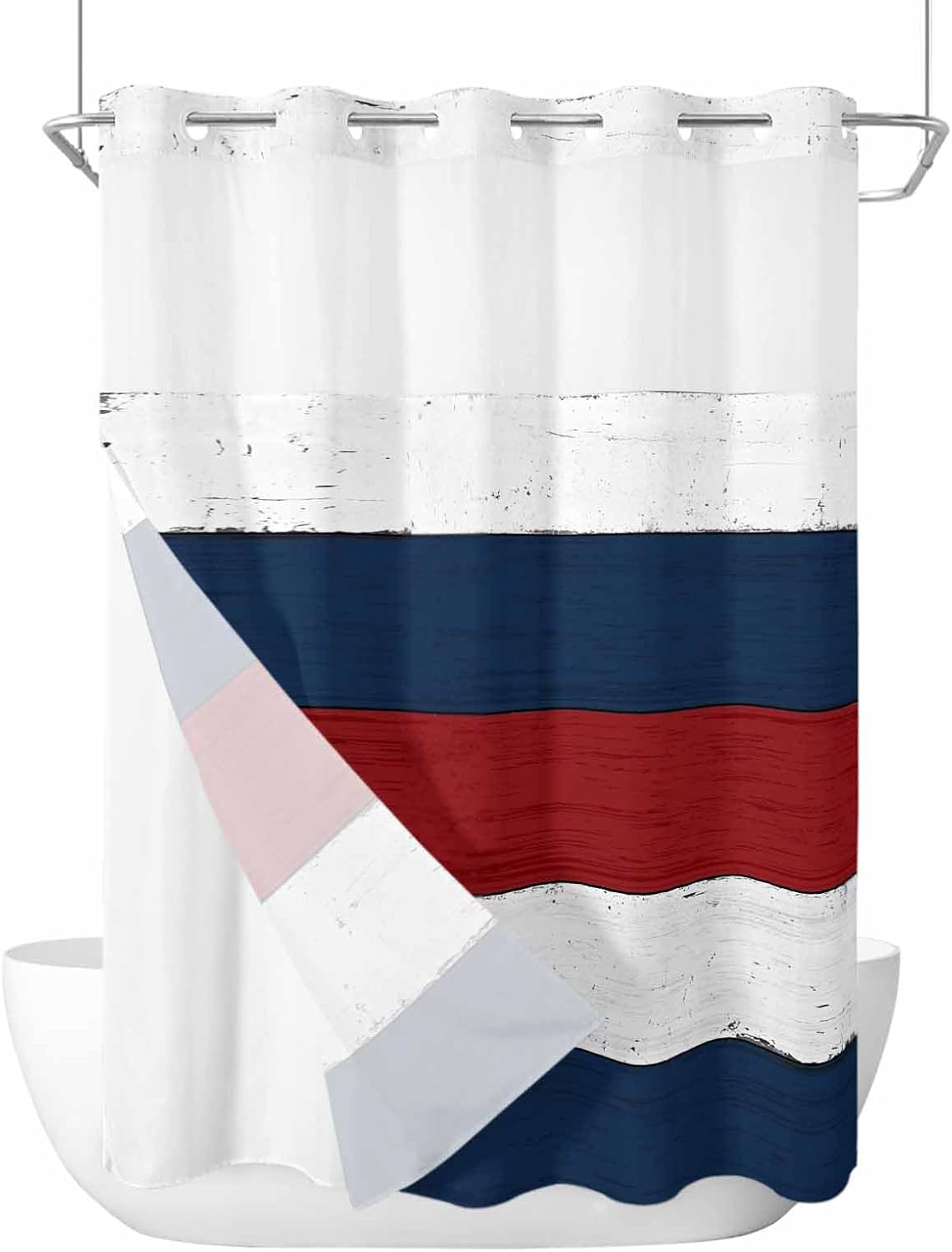 Vintage Wood Grain No Hook Shower Curtain with Snap in Liner Red Blue White Striped Waterproof Bathroom Shower Curtain with See Through Top Window for Bathtub 72" x 96"