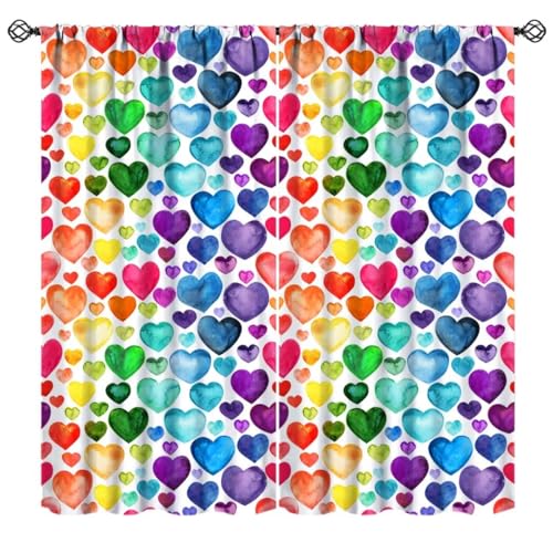 JanJCurt Colorful Heart Curtains, Abstract Geometric Rainbow Valentine Romantic Heart Cute Print Window Drapes for Wedding Party Kids Bedroom Nursery,...