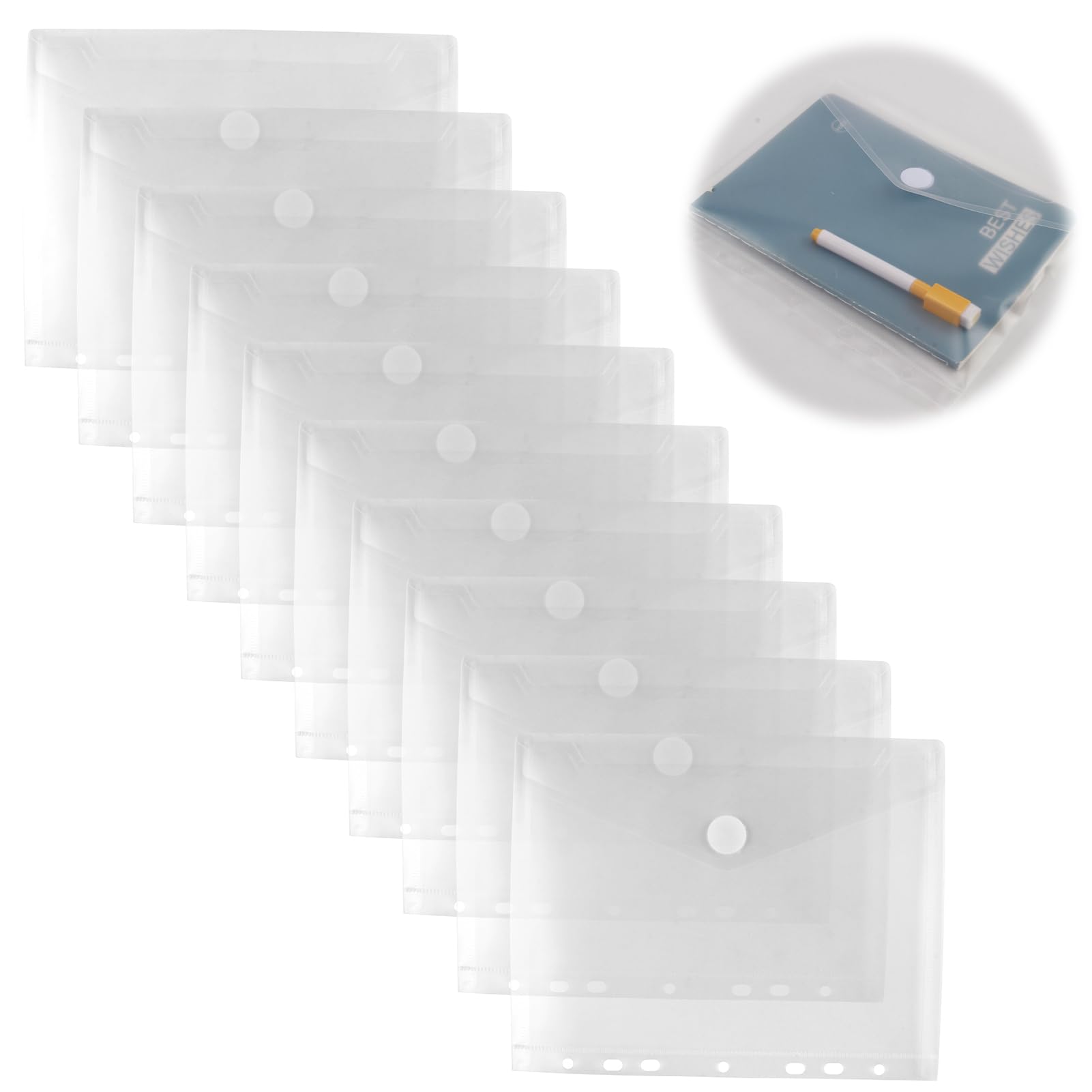 10 PCS Carpetas Sobre Plastico A5 con Botón, 7 Agujeros, 23x18cm, Bolsas Archivadoras Transparentes e Lmpermeables para Organización de Documentos en Oficina, Escuela y Hogar