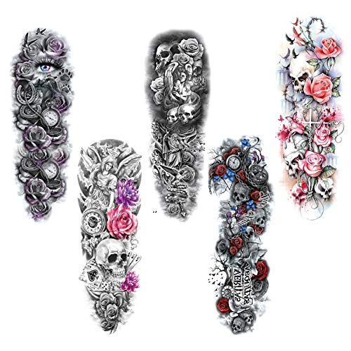 5 full arm temporary tattoo stickers, waterproof temporary tattoos, black and color body stickers for women, men, Halloween, parties, masquerade parties