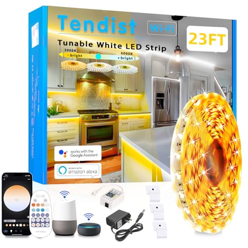 TENDIST White LED Strip Lights 3000K-6500K 23ft Dimmable, Smart Strip Light Alexa Compatible, 24V WiFi Flexible Tape LED with APP & RF Remote, Cabinet Lighting Self-Adhesive for Room, Kitchen