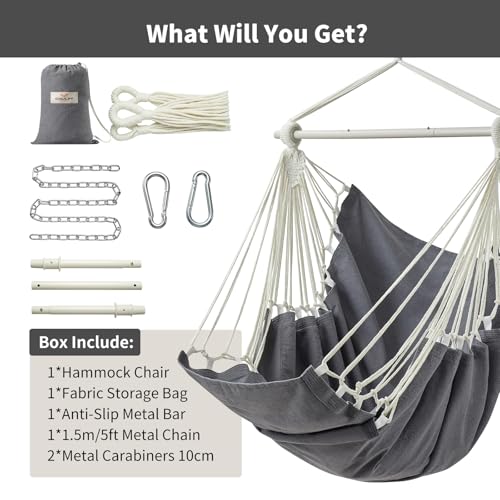 Image of CHULIM Hanging Hammock Chair Swing MAX 500 lbs Outdoor Hanging Chair with Footrest Indoor Swing Chair with Portable Steel Spreader Bar and Hardware Kit for Bedroom Living Room Patio Porch - Dark Grey