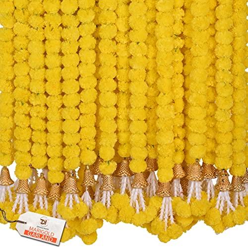 Image of DIYANA IMPEX Marigold Garland for Decoration 5 Pcs of 5 feet Long Strands Artificial Marigold Flowers with Bell, Indian Decor for Pooja /Diwali /Wedding /Christmas (Yellow)