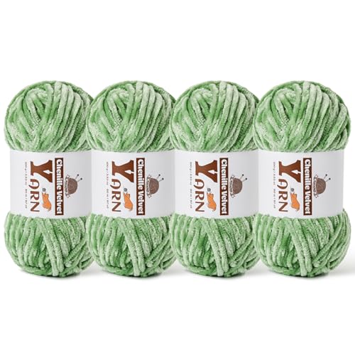 Image of 4 Pack Plush Chenille Chunky Yarn - Fluffy Velvet Yarn Crochet for Blanket Knitting and Crocheting - Soft Baby Yarns for Crocheting - Amigurumi Crochet Yarns 100g (87yds) (4 Avocado Green)