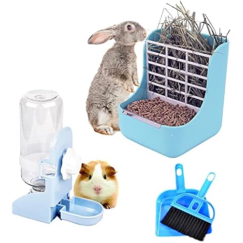 HERCOCCI Rabbit Hay Food Bin Feeder and Bunny Water Bottle Set, Hay Food Feeder Bowls Manger Rack with 500ml Hanging Water Dispenser Prevent Knock Over for Rabbit Guinea Pig Chinchilla (Large, Blue) Cover