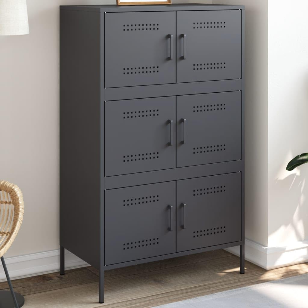 Armario robusto de acero de estilo industrial con 6 compartimentos para salón, color antracita y acero