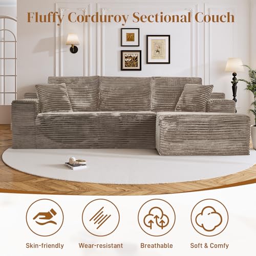Image of 108 inch L Shaped Boneless Sectional Couches for Living Room, Comfy Corduroy Floor Cloud Sofa with Chaise, Wide Armrest, Deep Seat, Memory Foam, Assembly Free, Ideal for Small Spaces, Brown