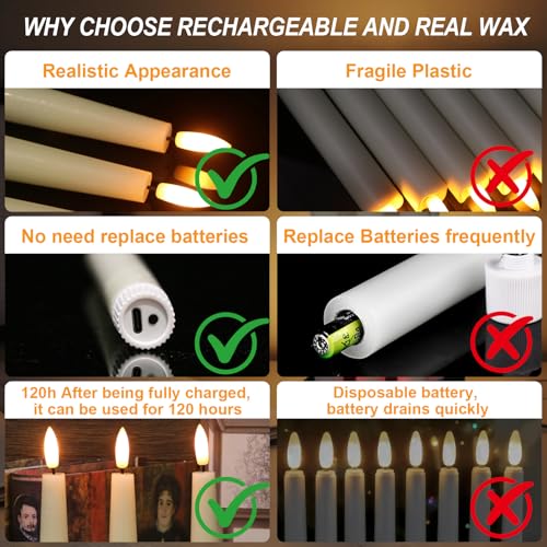 Image of GenSwin Rechargeable Flameless Taper Candles, 3 Pack Ivory LED Taper Candles Battery Operated with Remote Timer, Real Wax Flameless Candlesticks for Christmas Holiday Home Decor