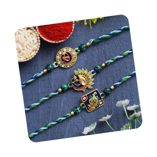Image of eCraftIndia Set of 3 Pearl Diamond Rudraksha Designer Rakhis for Brother Bhaiya Bhai | Roli Chawal Pack | Raksha Bandhan Rakhi