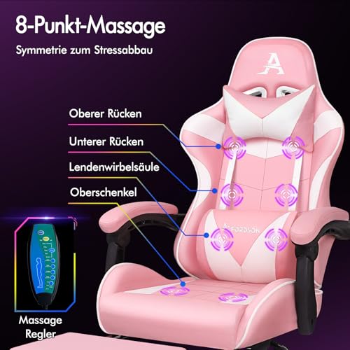 Fotel do masażu dla graczy ALFORDSON, fotel wyścigowy z zagłówkiem, ergonomiczny fotel biurowy, fotel rozkładany, składany podnóżek, oddychająca skóra PU, regulowana wysokość, nośność 180 kg, różowy