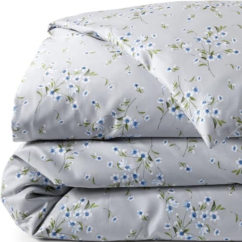 Lands' End 700 Sateen Printed Duvet Cover Light Fog Snow Drop Floral Twin