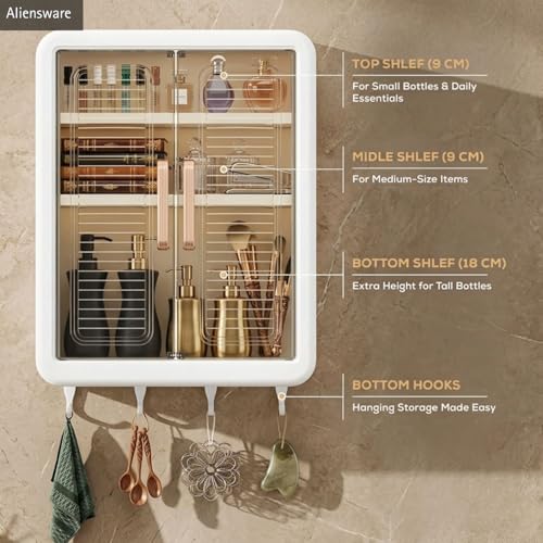 Image of Aliensware Wall Mounted Bathroom Organiser, Self Adhesive Storage Cabinet with Doors and Shelves Rack for Kitchen Home Multipurpose Organizer, Aliens Organiser for Makeup, Skincare, Essentials-White