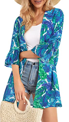 Womens Kimono Cardigan Ruff Sleeve Summer Casual Tops Beach Open Front Coverups Jacket (Light Blue Leaves, L) #TOP21