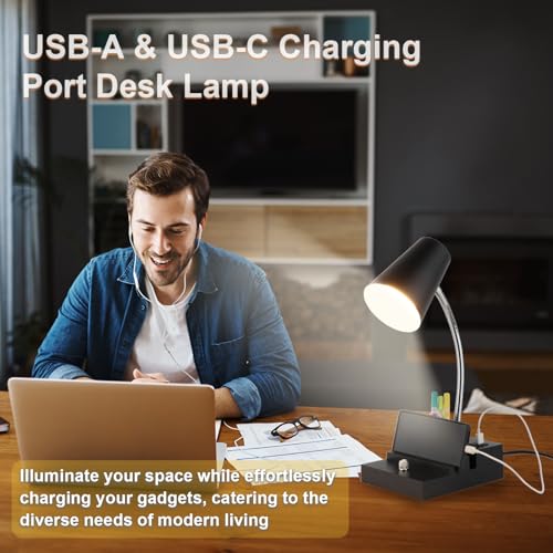 LALISU Study Desk Lamp with USB Charging and Type-C Night Light, Gooseneck LED Table Lamp Stepless Dimming Study Table Lamp with Pen Holder for College Dorm Bedroom and Office (Black) - Image 5