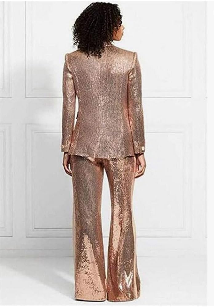 Ensemble de costume à paillettes pour femme - 2 pièces - Pour mariage, smoking, blazer, pantalon, bal de fin d'année, fête