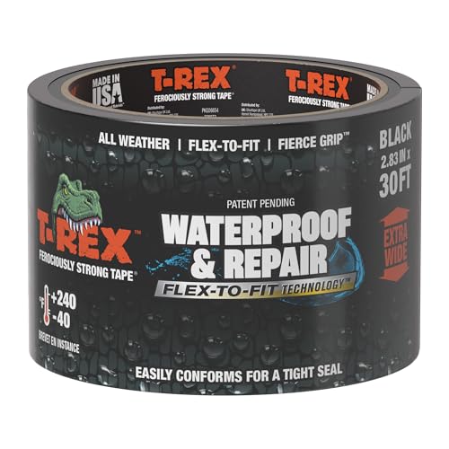 Image of T-REX Flexible Waterproof Tape - Heavy Duty Adhesive Waterproofing Tape for Repair, Leaks, Roof Patches - Extreme Weather & UV Resistance - Black, 2.83 inch x 10 Yd (Pack of 1)