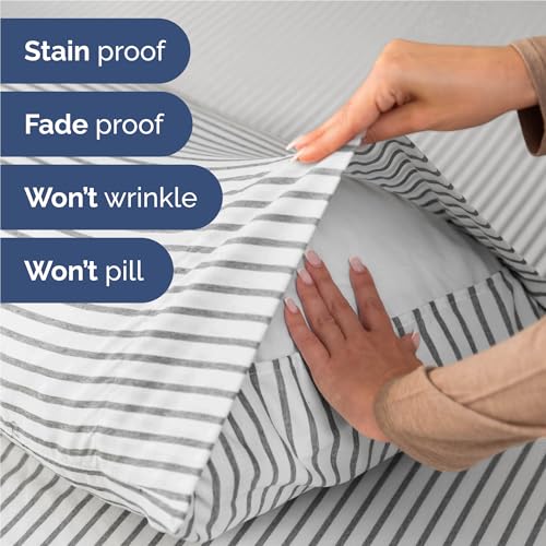 Image of Full 6 Piece Bed Sheet Set - Breathable & Cooling Sheets - Grey Stripes | Ultra-Soft Hotel Luxury Bedding Set with 8-16 Inch Deep Pockets, 1 Flat & 1 Fitted Sheet & 4 Pillowcases, Wrinkle & Fade Free