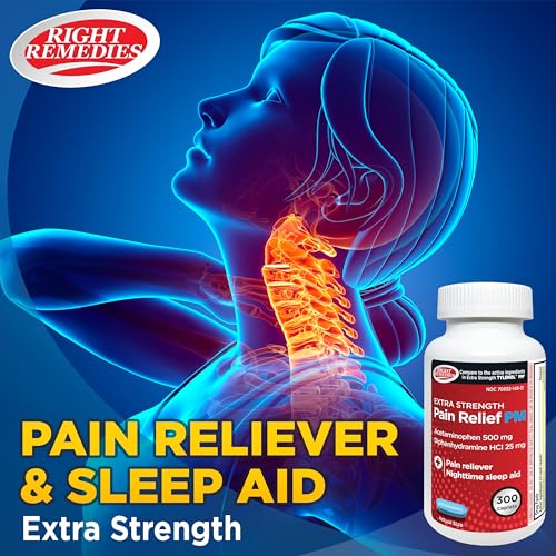 Right Remedies Extra Strength Pain Relief PM & Nighttime Sleep Aid Caplets,(300 count), Acetaminophen 500 mg & Diphenhydramine HCl 25 mg, Non-Habit Forming, Compare to Active ingredients of Tylenol PM
