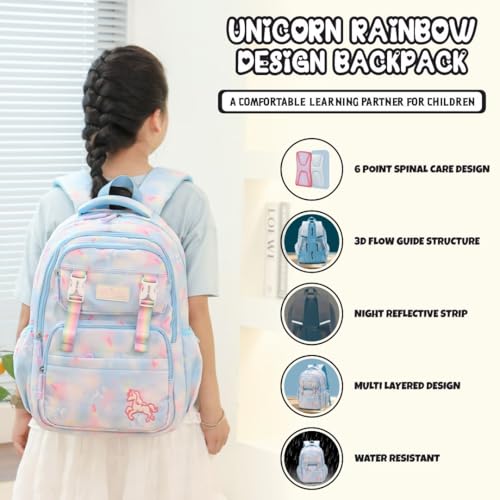 Image of Elios Rainbow Series 17-Inch School Backpack for Boys and Girls | Ages 6-10 Y | Multi-Compartment, Lightweight & Water-Resistant Bag, 2-6 Grade Ideal for School & Travel Use (Blue)