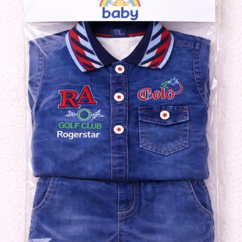 Image of Dreambells Baby Boy Dress 6-12 Months Combo Denim Romper Suit, Kids Clothes for Boys, Cotton Baby Dress with Golf Club Embroidery, Stylish Kids Wear for Boys 2 Piece Set