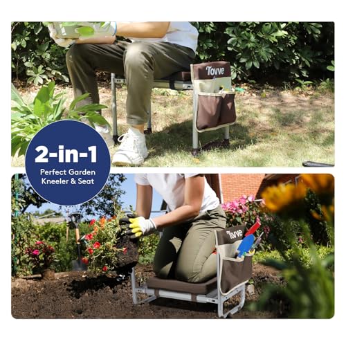 Image of Tovve Foldable Garden Kneeler and Seat, Heavy Duty Garden Stool with 10 inch Wide Detachable Kneeling Pad, Portable Garden Bench Chair with Large Garden Tool Bag, Gardening Gifts for Women, Seniors, Mom