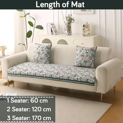 Image of HOKIPO 'Florentina Series' Foam Filled Premium Holland Velvet Sofa Cover Mat for 3 Seater Sofa with Anti-Slip Backing, Magnolia Green (IN-881-V1)