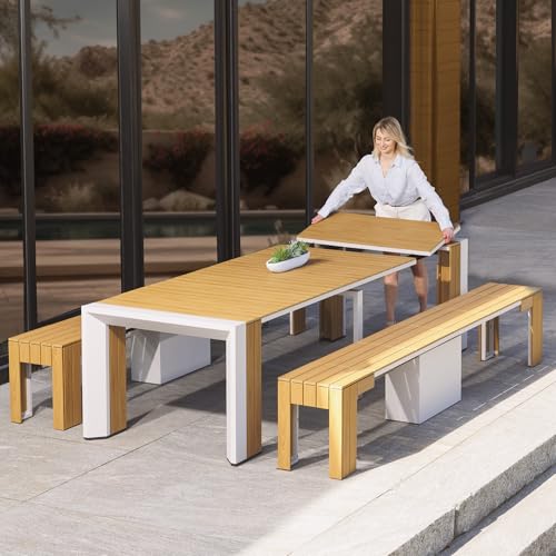 Transformer Table - Extendable Outdoor Dining Set, up to 12 Expandable Patio Table, Seats, Weather-Resistant Patio Furniture, Light Oak, Natural (Table + 2 Benches)