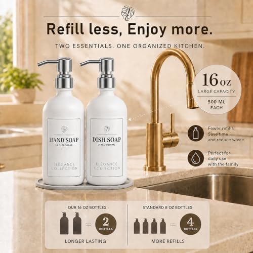 Image of Fachixy White Glass Soap Dispenser (2 Pack), 16 Fl Oz Hand & Dish Soap Dispenser Bottles Set with Rust-Resistant Stainless Steel Pump, Non-Slip Pad, 14 Waterproof Labels for Kitchen and Bathroom