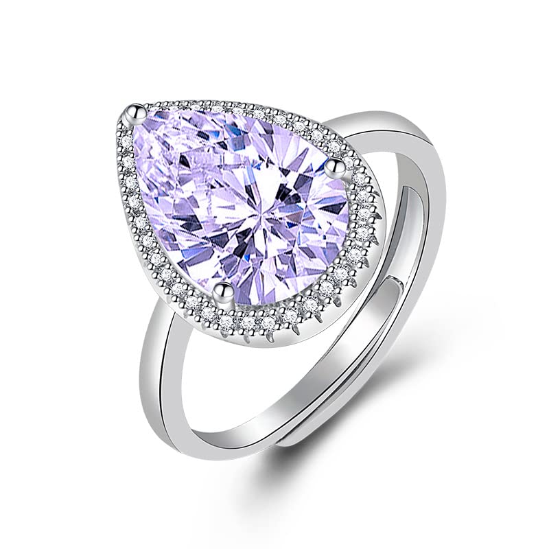 Anillos de Compromiso de Plata 925 Super Flash Grandes en Forma de lágrima para Mujer, Anillo Abierto de Amatista, Anillos de Promesa de circonita cúbica en Forma de Pera para Ella