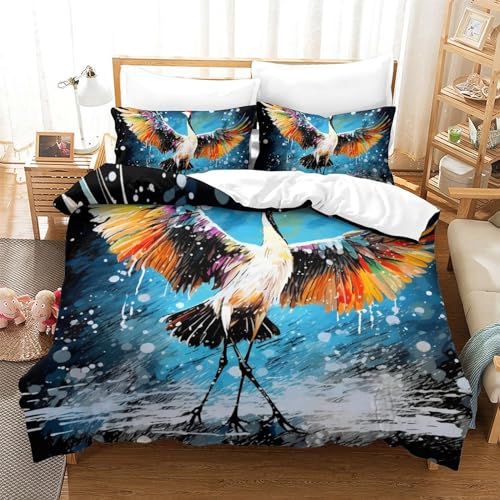 Housse de couette grue blanche 3D parure lit double zippée microfibre 200x200cm