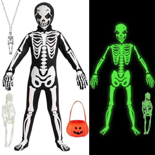 ATOWORLD Déguisement Squelette Garcon Enfant Fille 3 4 ans Glow in the Dark Combinaison Costume Squelette Deguisement Halloween Horreur Garcon Enfant avec Fluo Figure de Crâne Gant Masque
